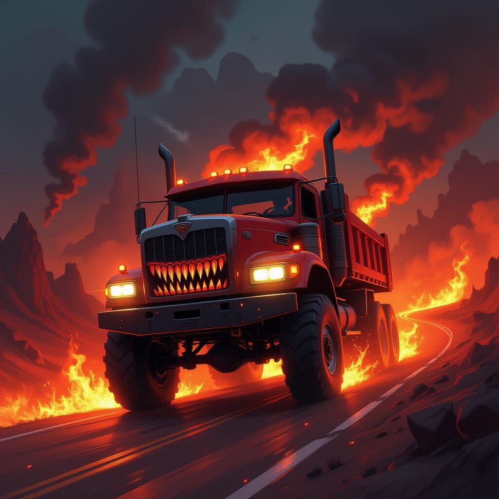 Monstrous Red Truck in Hellish Landscape