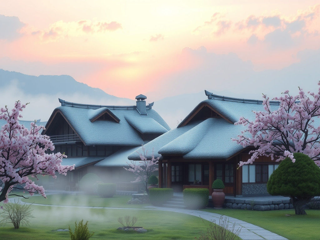 Idyllic Gassho Farmhouse in Spring, Watercolor Style
