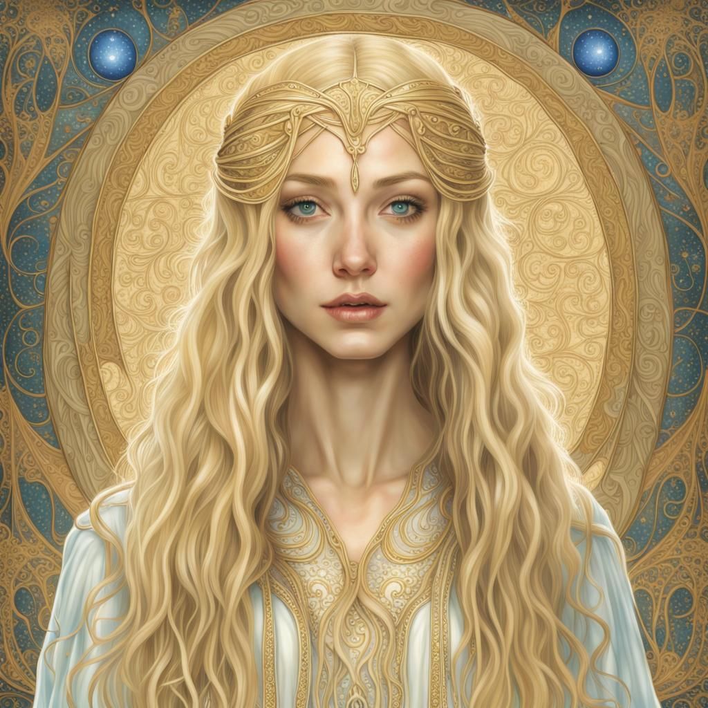 Galadriel Portrait in Klimt Style, Hyperdetailed