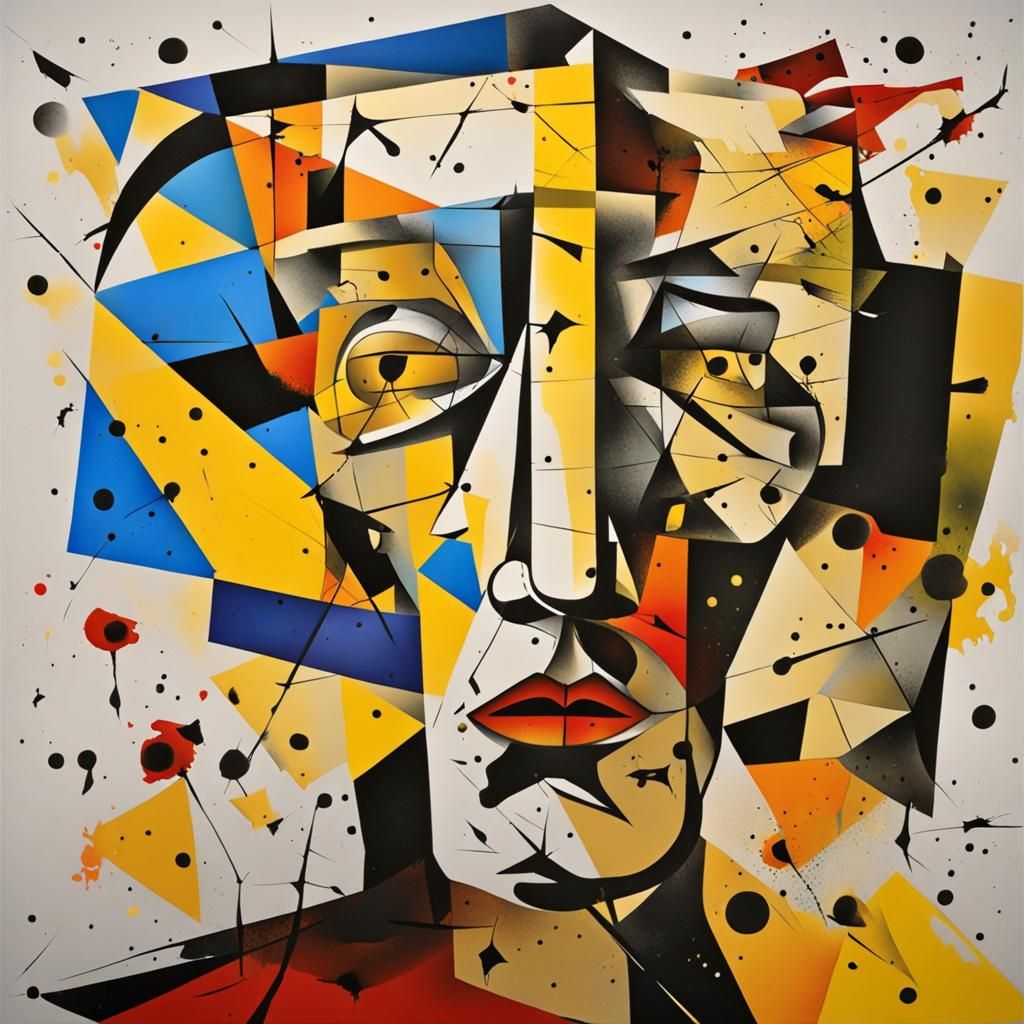 Surreal Cubist Painting with Splatters