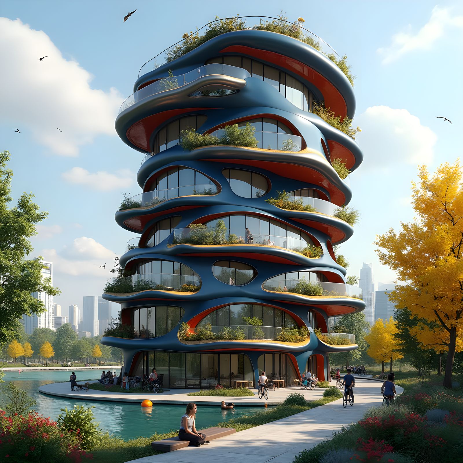 Futuristic Flower High-Rise Building by Serene Lake