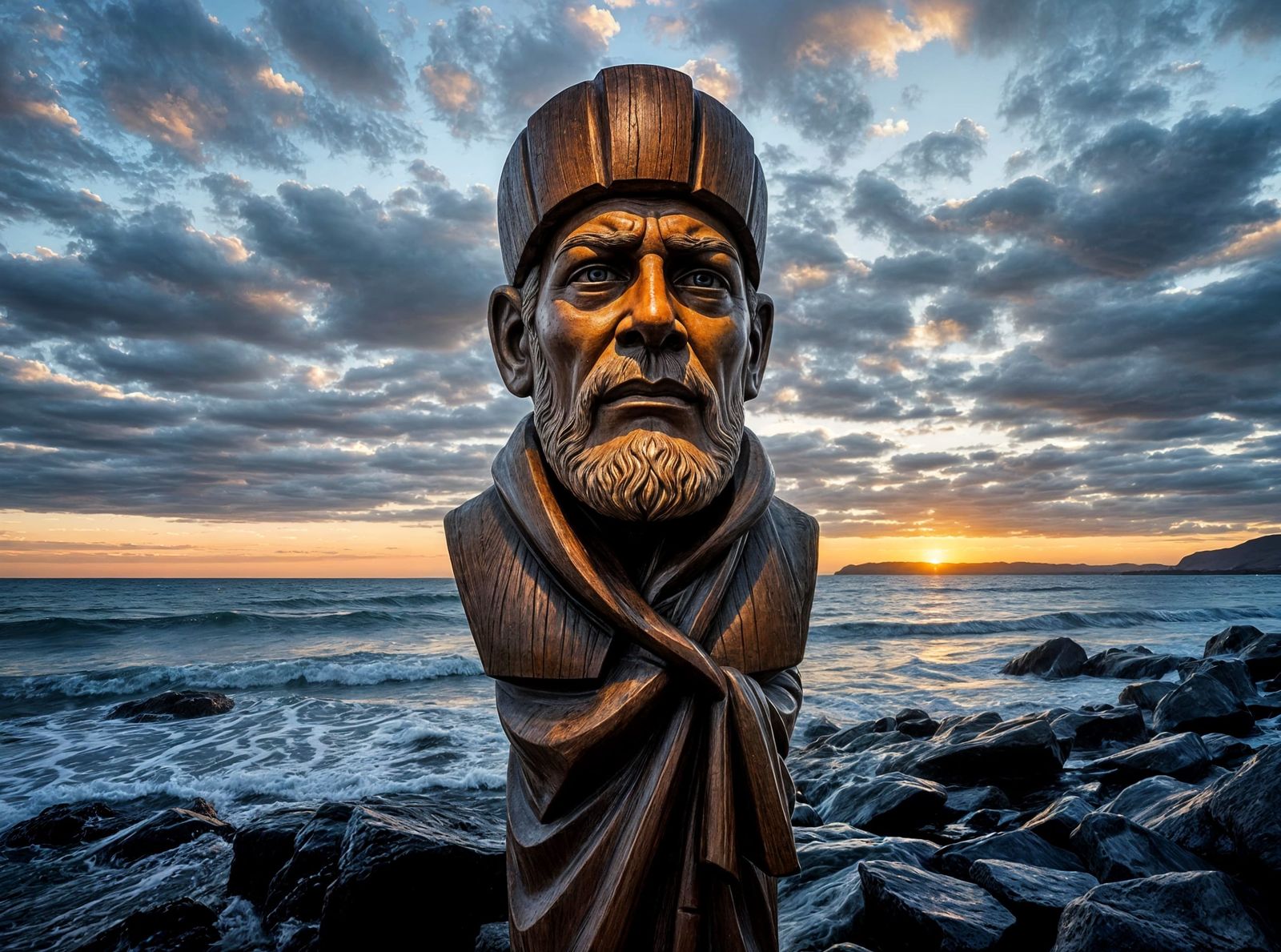 Wooden Fisherman Statue on North Sea Beach at Sunset
