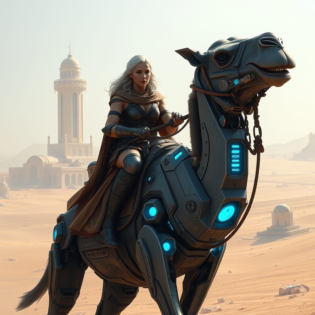 Amazon Warrior on Robotic Camel in Futuristic Desert