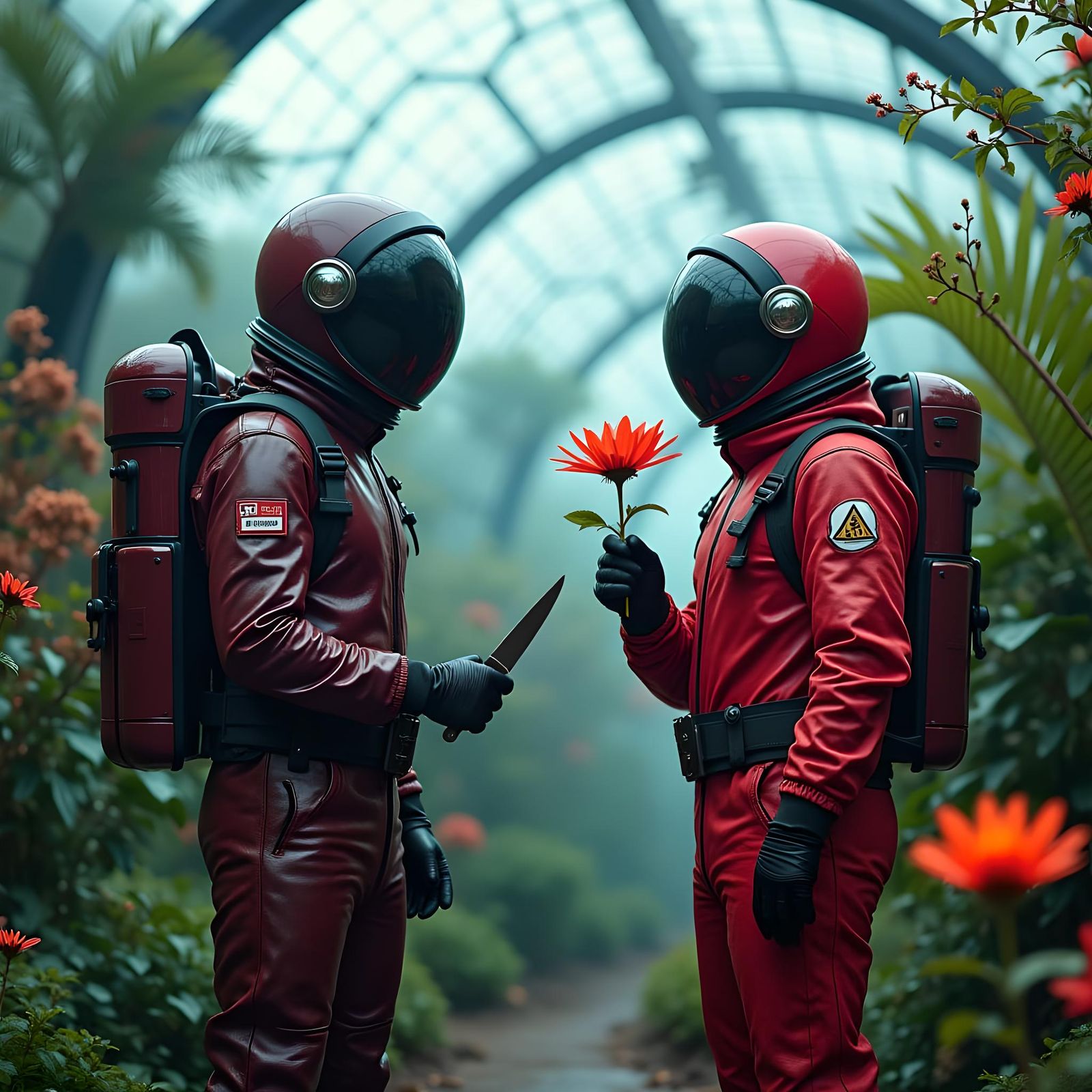 Among Us Astronauts in Greenhouse: Cinematic Still