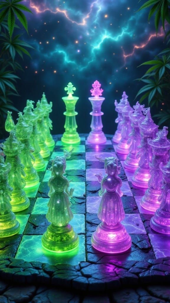 Mystical Cannabis Chessboard with Sativa and Indica Pieces