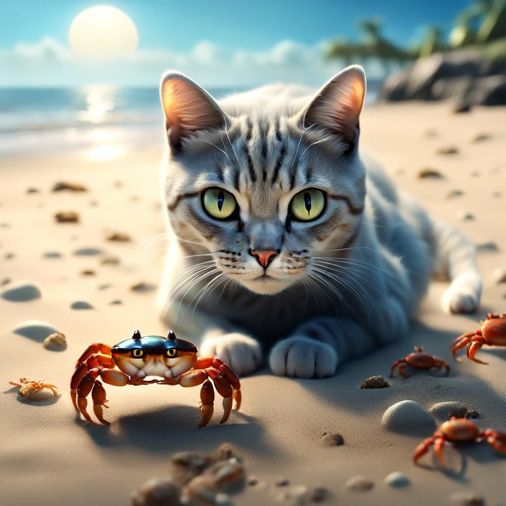 Adorable Cat Watches Crab on Beach in 3D