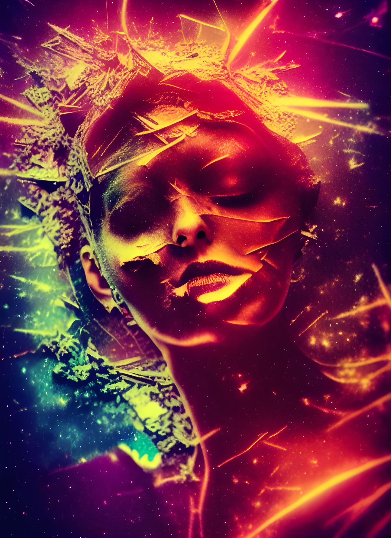 Fragmented Supernova Goddess Portrait in Cosmic Art Style
