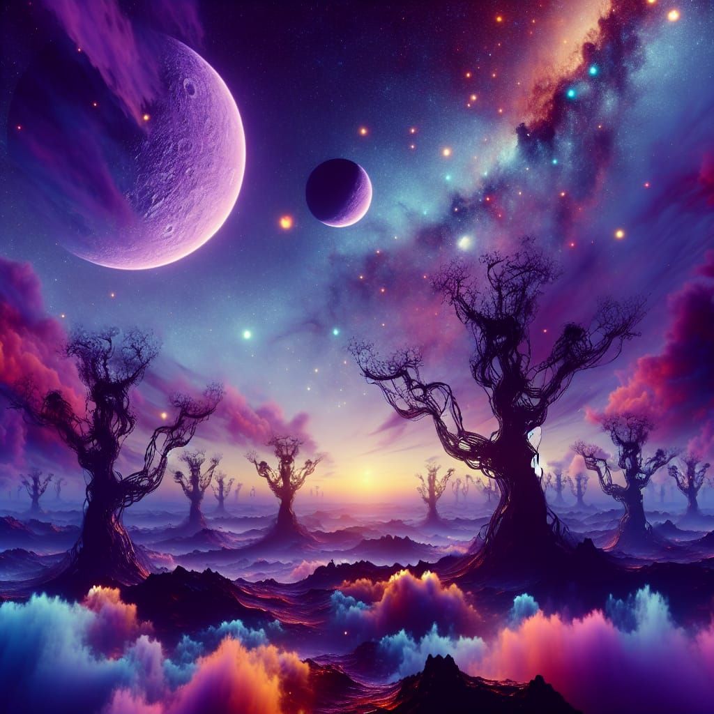 Cosmic Twilight on Blamadore: A Surreal Alien Landscape