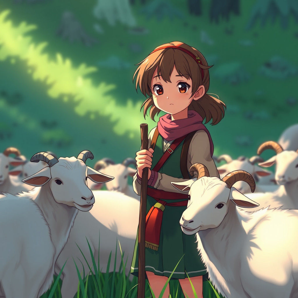 Anime Shepherdess Herding Goats in Ghibli Style