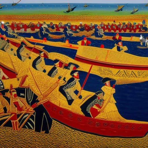 D-Day Landings as Oil Painting in Tapestry Style