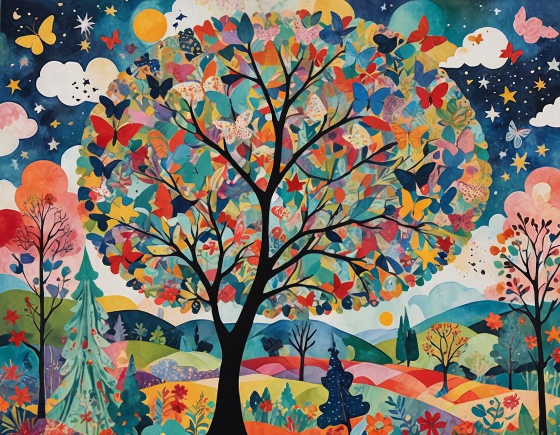 Dreamlike Landscape Collage in Fauvist Mixed Media Style