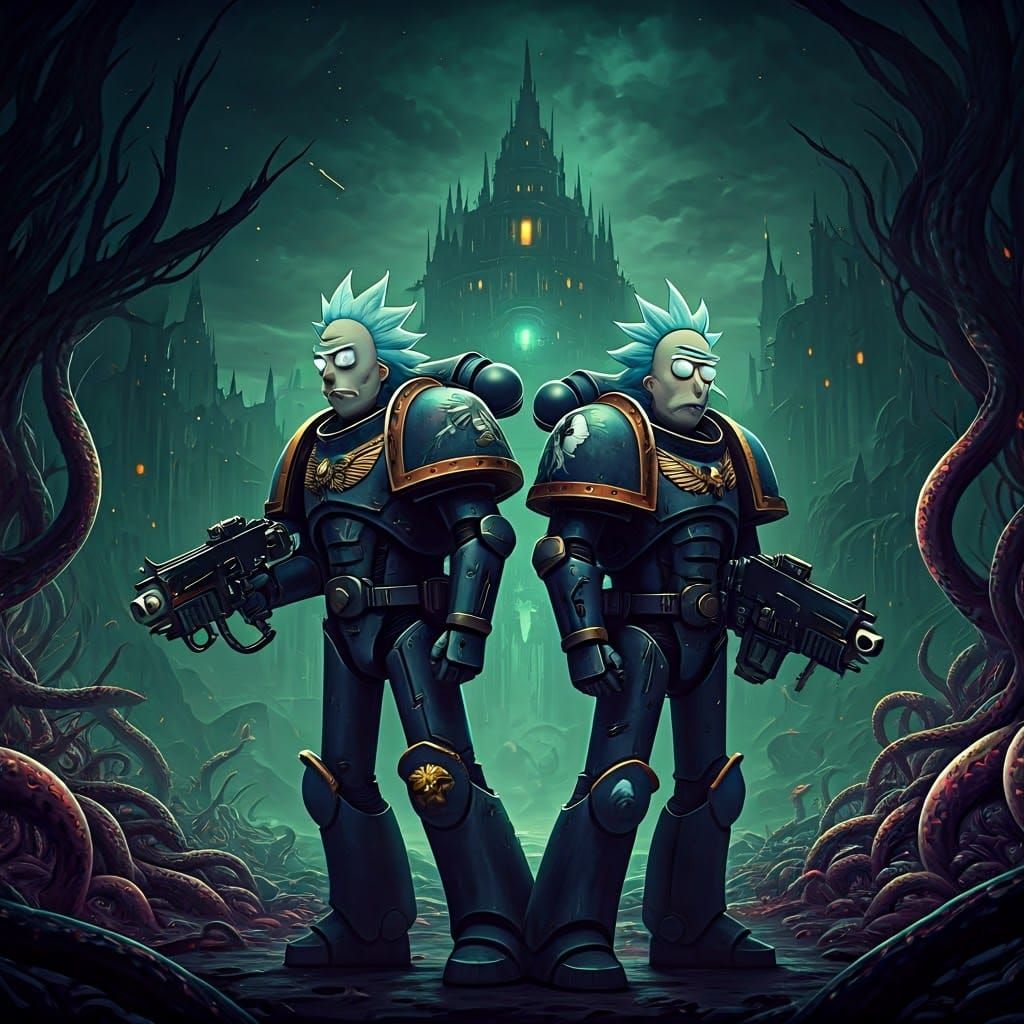 Rick and Morty as Space Marines in Grimdark World