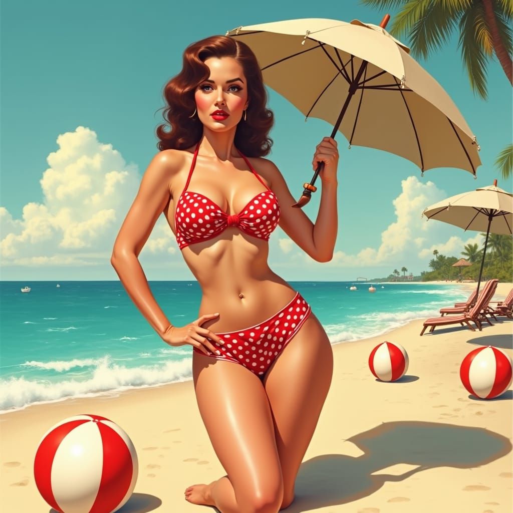 Vintage Pin-Up Girl on Beach in 1940s Style