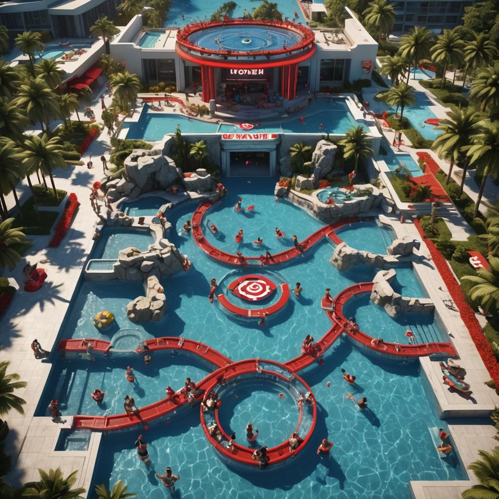 Luxury Hotel Pool with Neon 'No Swimming' Sign