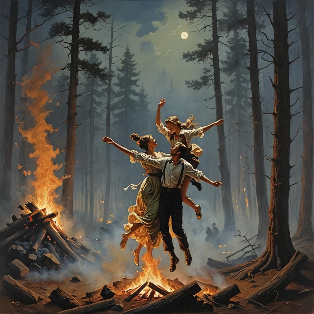 Dancing Smoke Couple Under Moonlight, Oil Painting