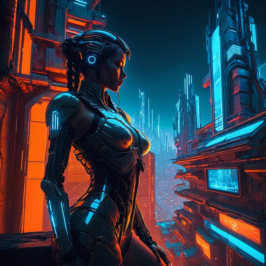 Cybernetic Goddess Illuminates Futuristic Metropolis