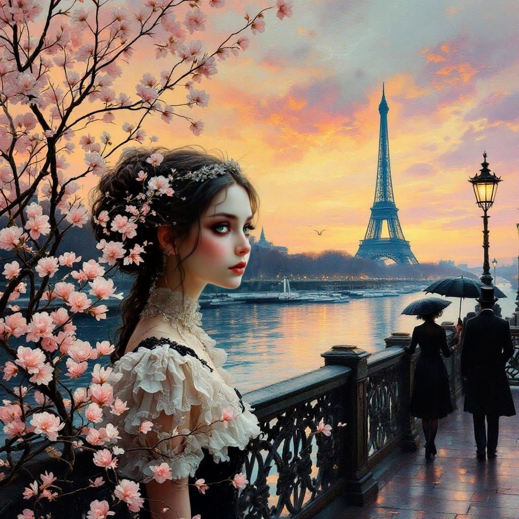 Romantic Parisian Sunset with Encaustic Brushstrokes