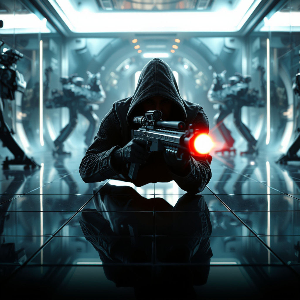 Cloaked Marksman in Reflective Room with Muzzle Flash