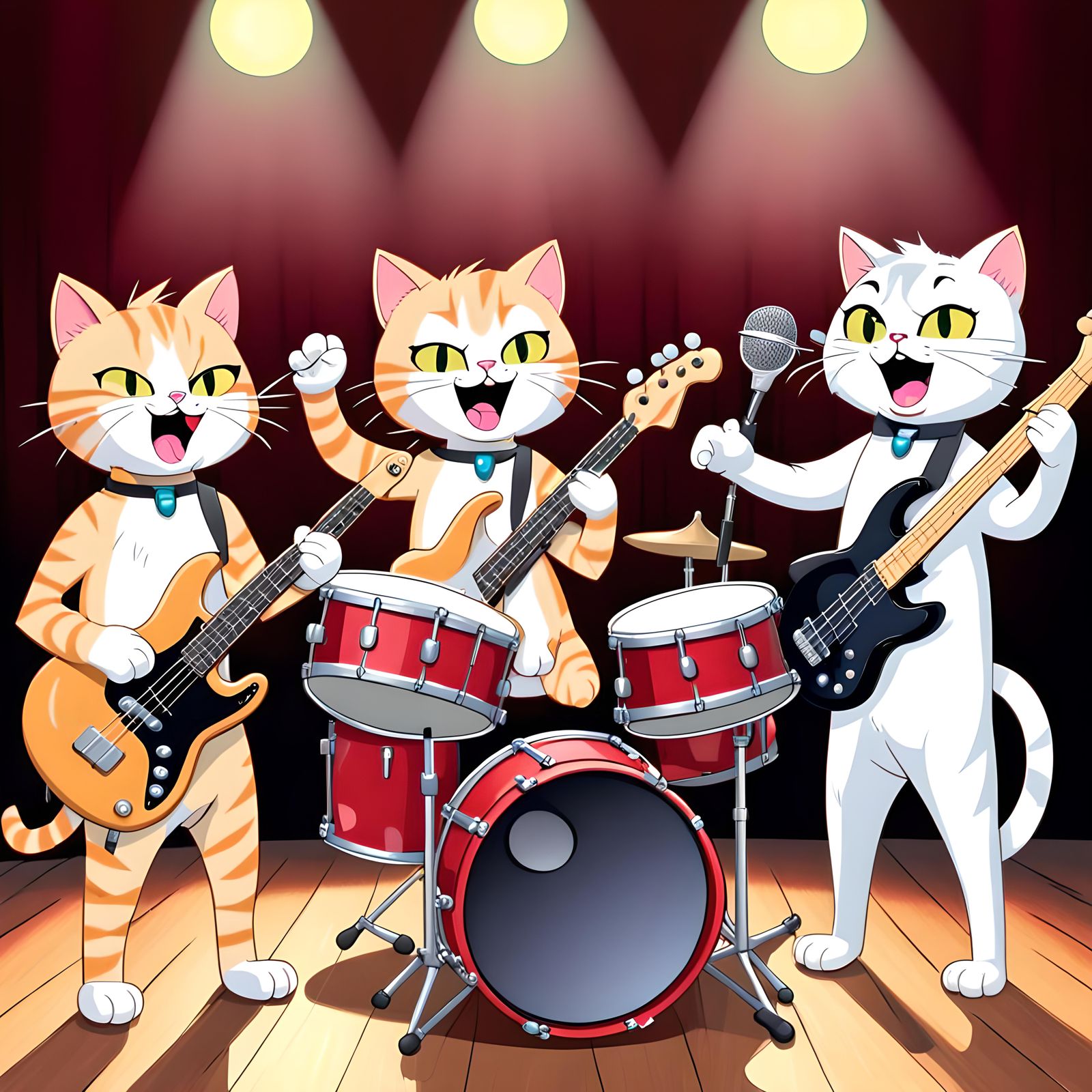Cartoon Cat Band with Drums, Bass, and Guitar