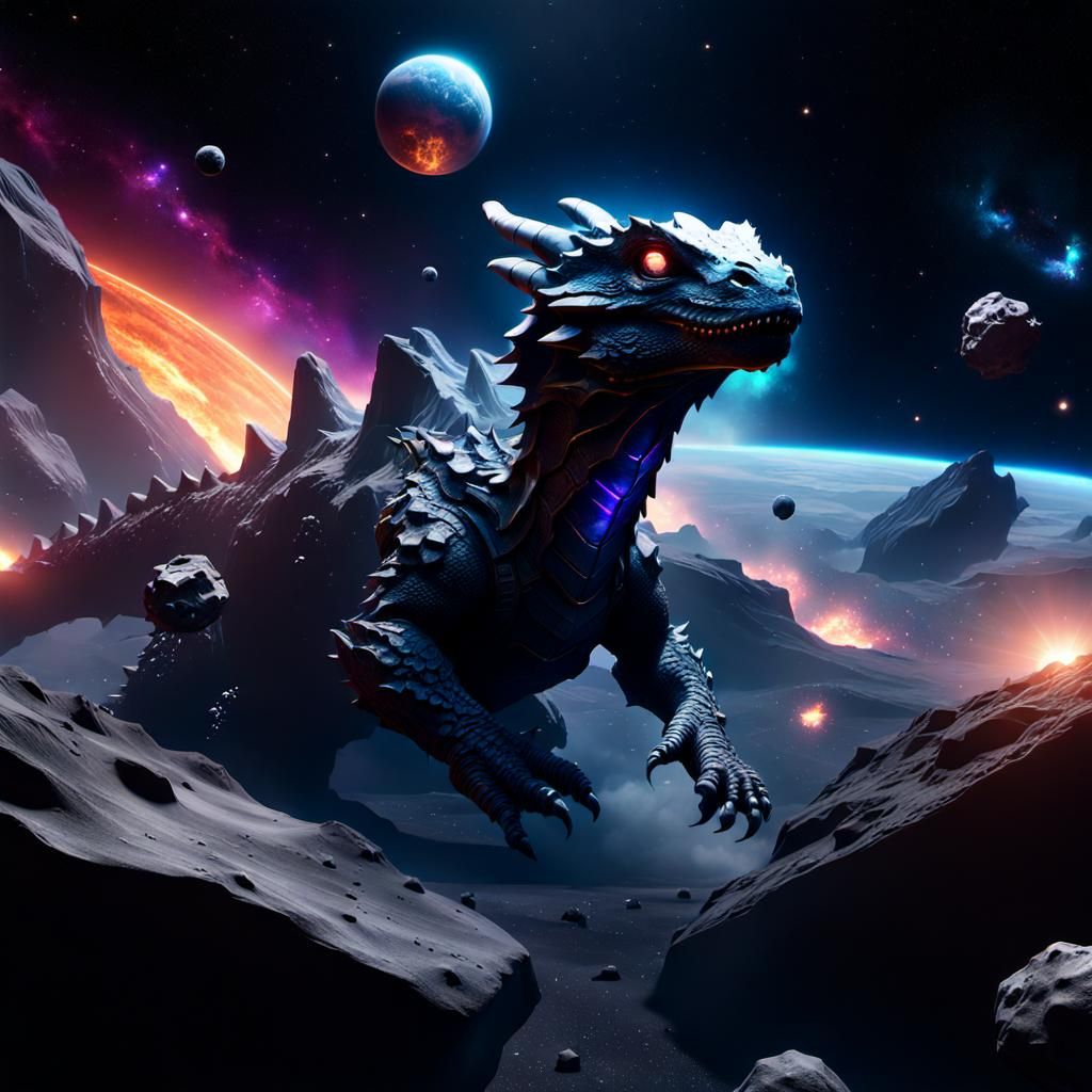 Space , asteroid, baby dragon's and nebula for a background ...