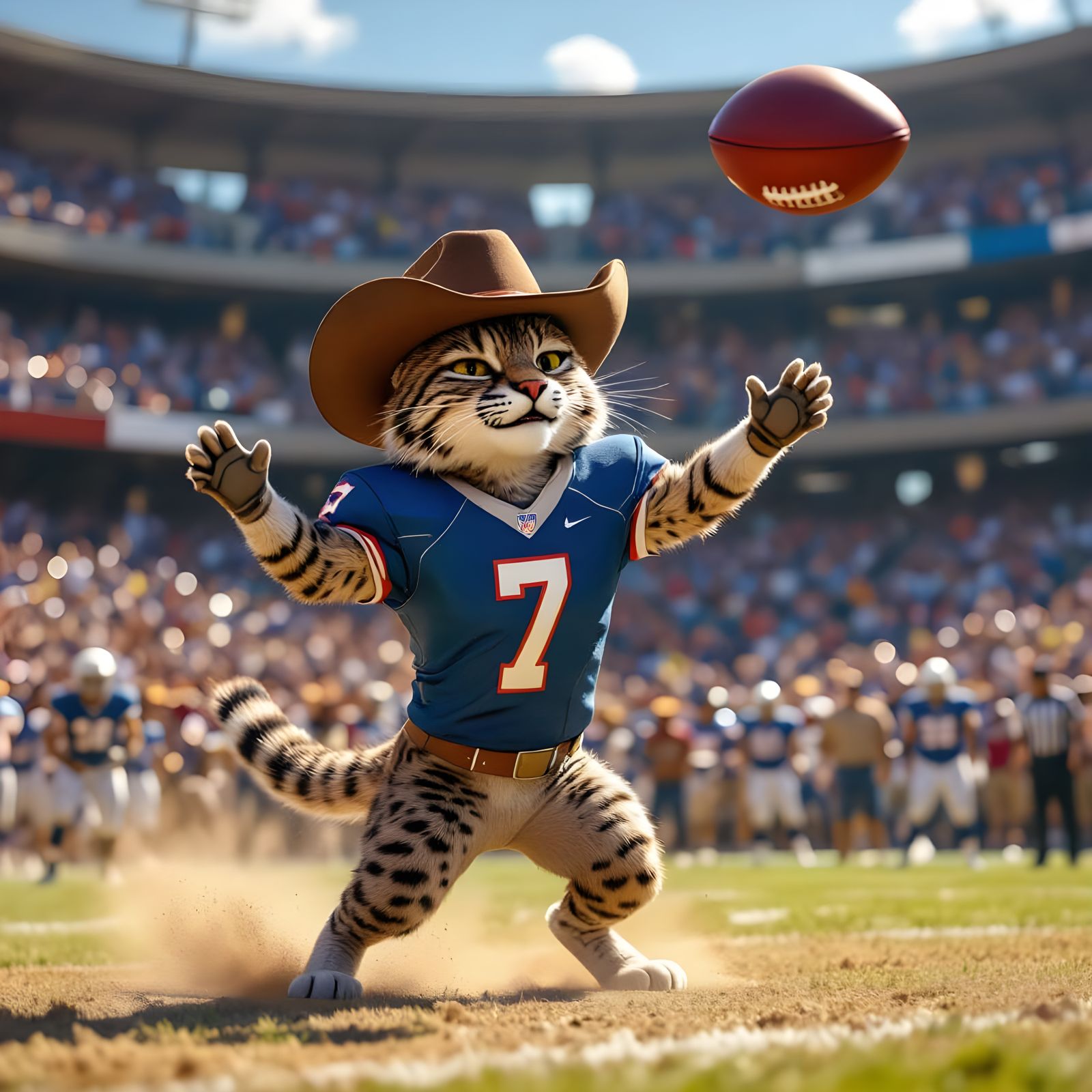 Bobcat in Cowboy Hat Plays Football