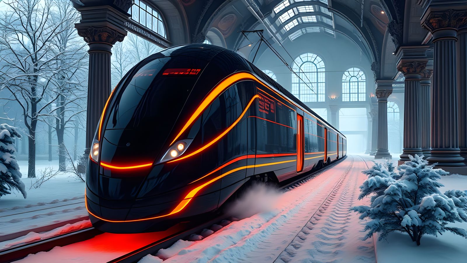 Futuristic Train in Winter Wonderland