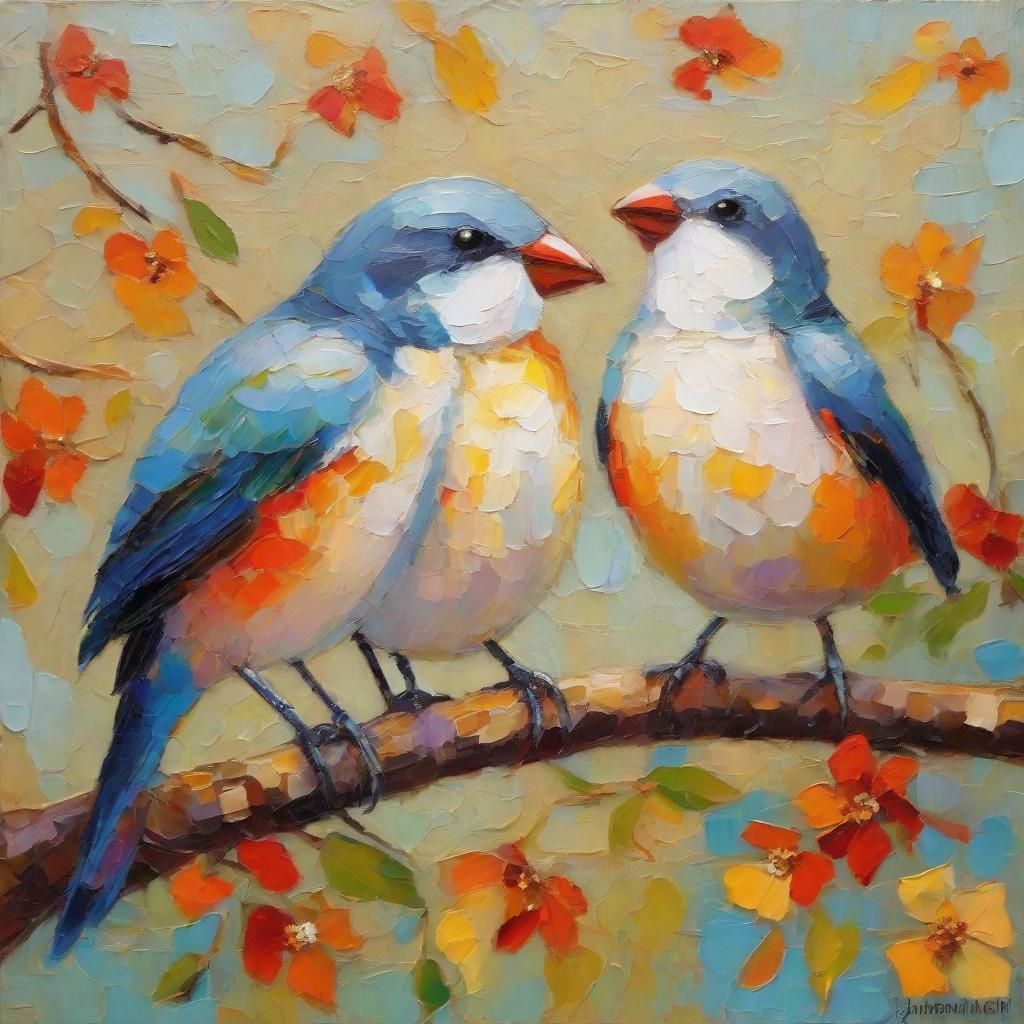 Cute Birds in Neo-Impressionist Oil Painting