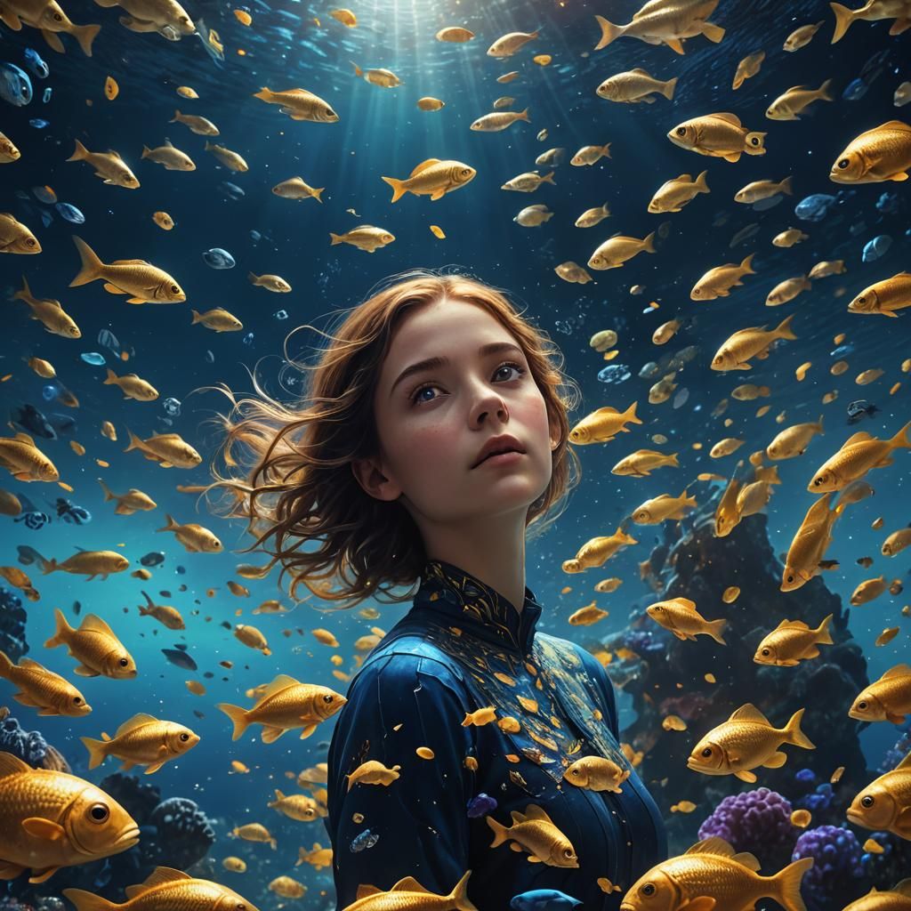 Oceanic Woman Surrounded by Bioluminescent Fish