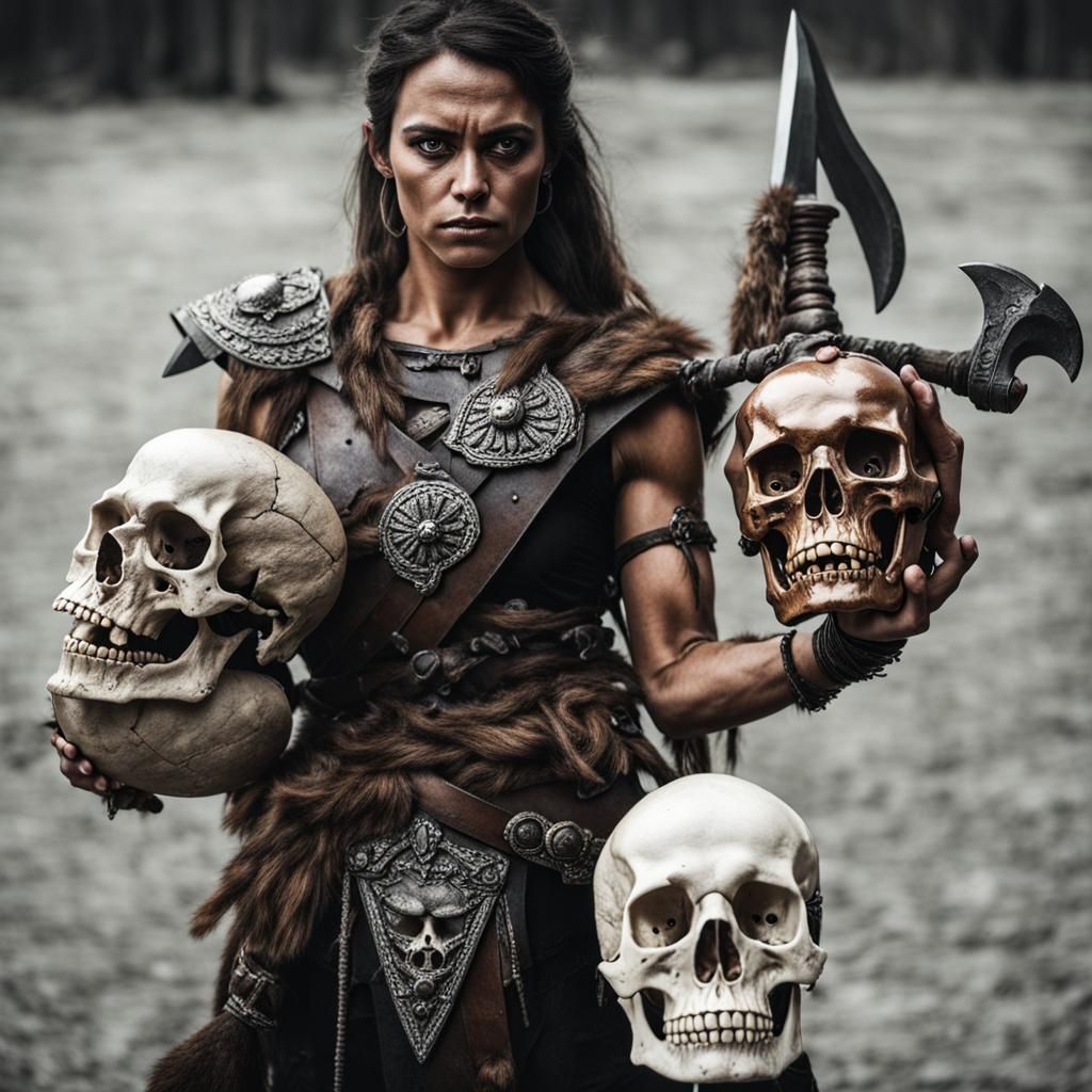 Fierce Woman Barbarian Holding Skull