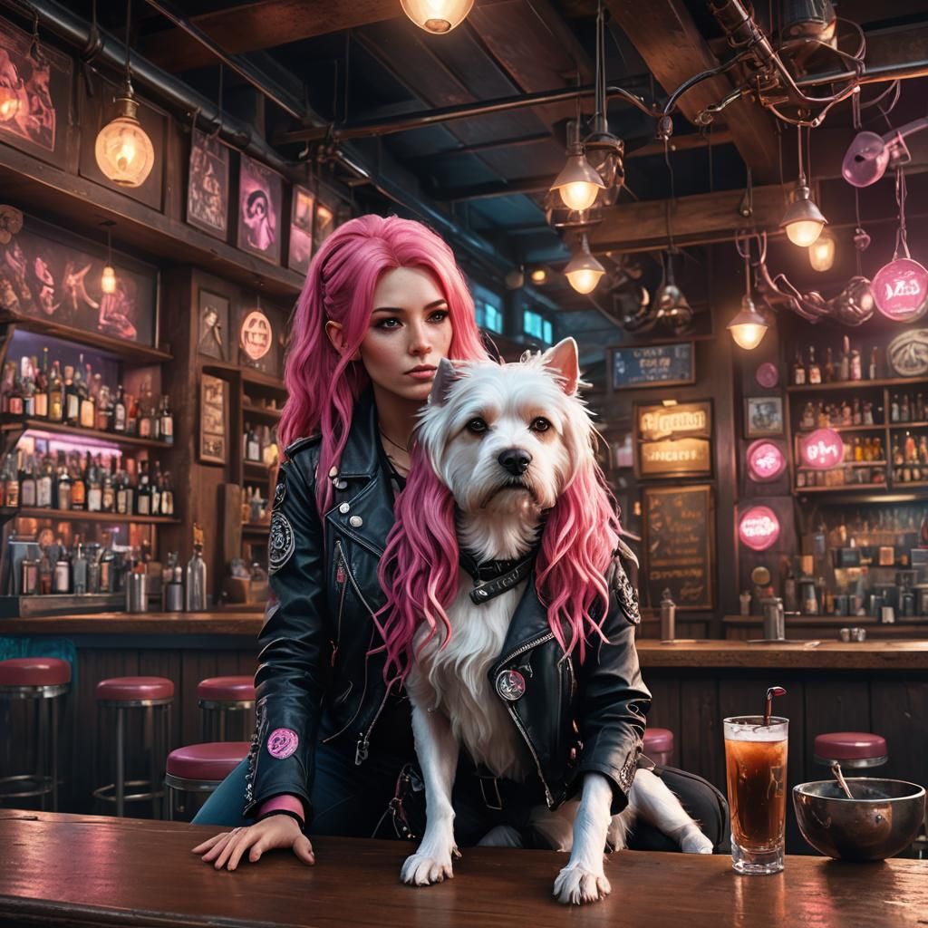 Biker Chick and Dog in a Bar, Detailed Art