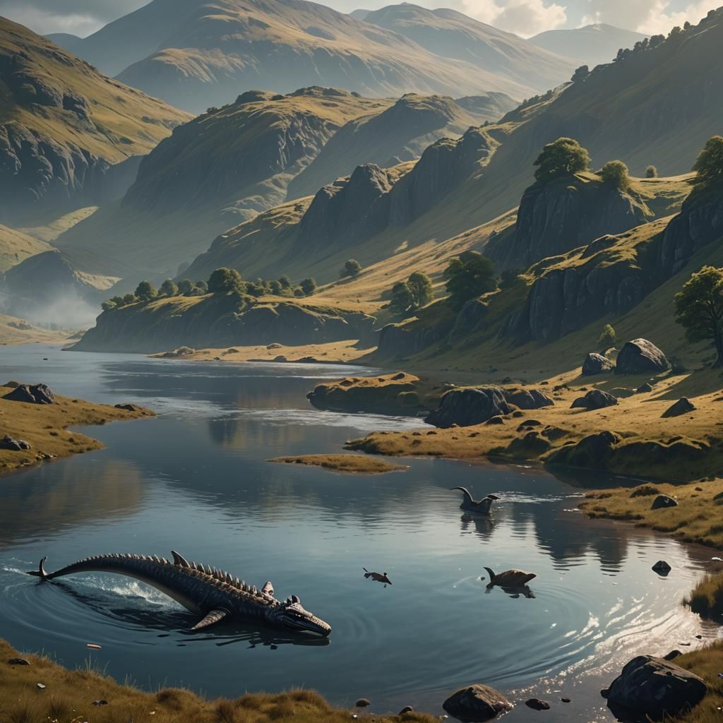 Plesiosaur in Scottish Highlands, Detailed Matte Painting