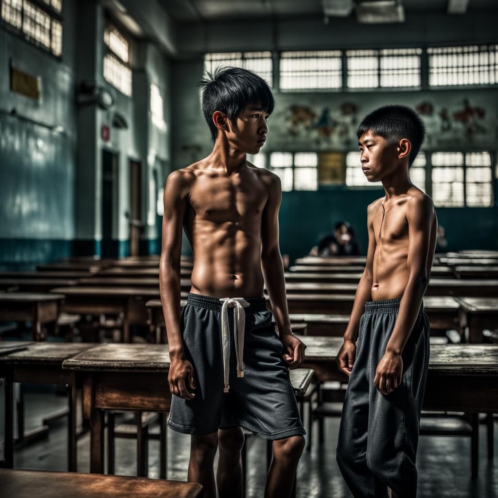 Shirtless Vietnamese Boys in School: Hyperrealistic Image