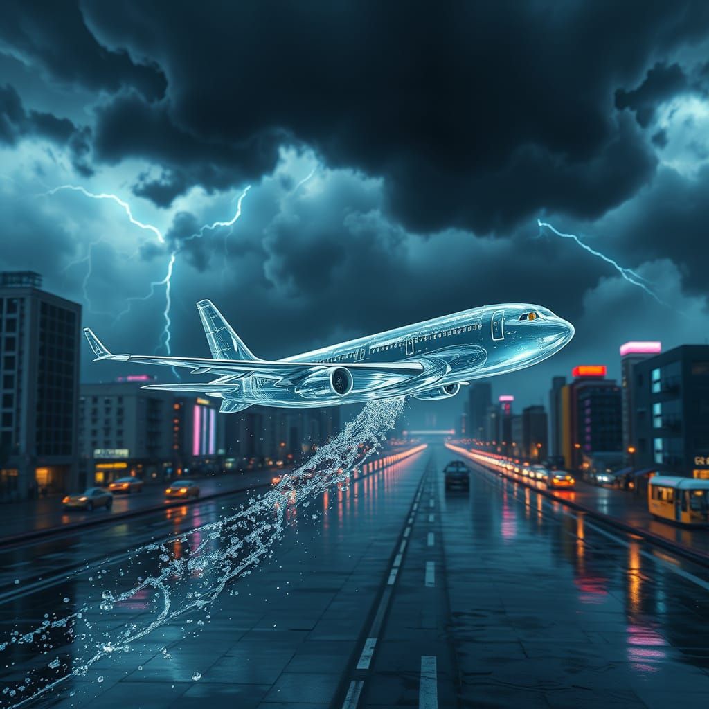 Crystalline Water Airplane Descends into Cityscape