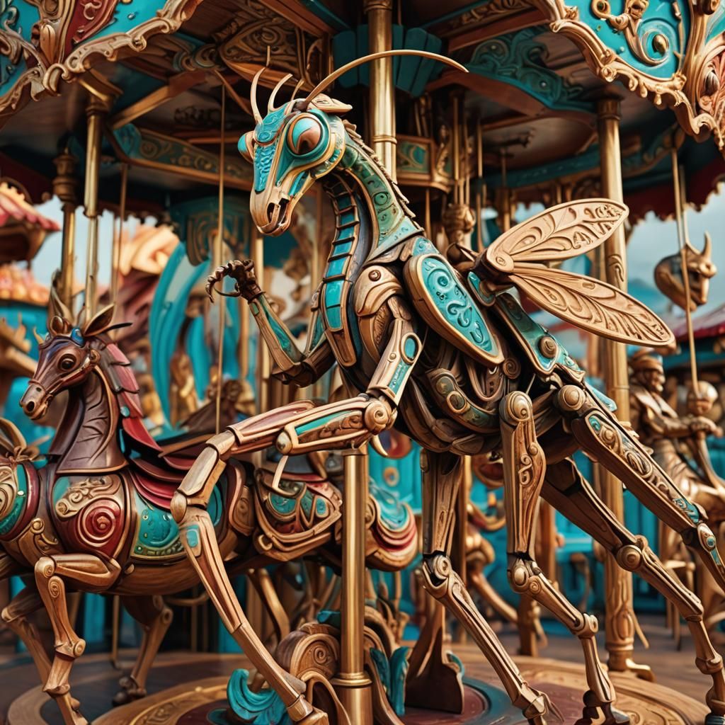 Elaborate Wooden Carousel Praying Mantis Sculpture