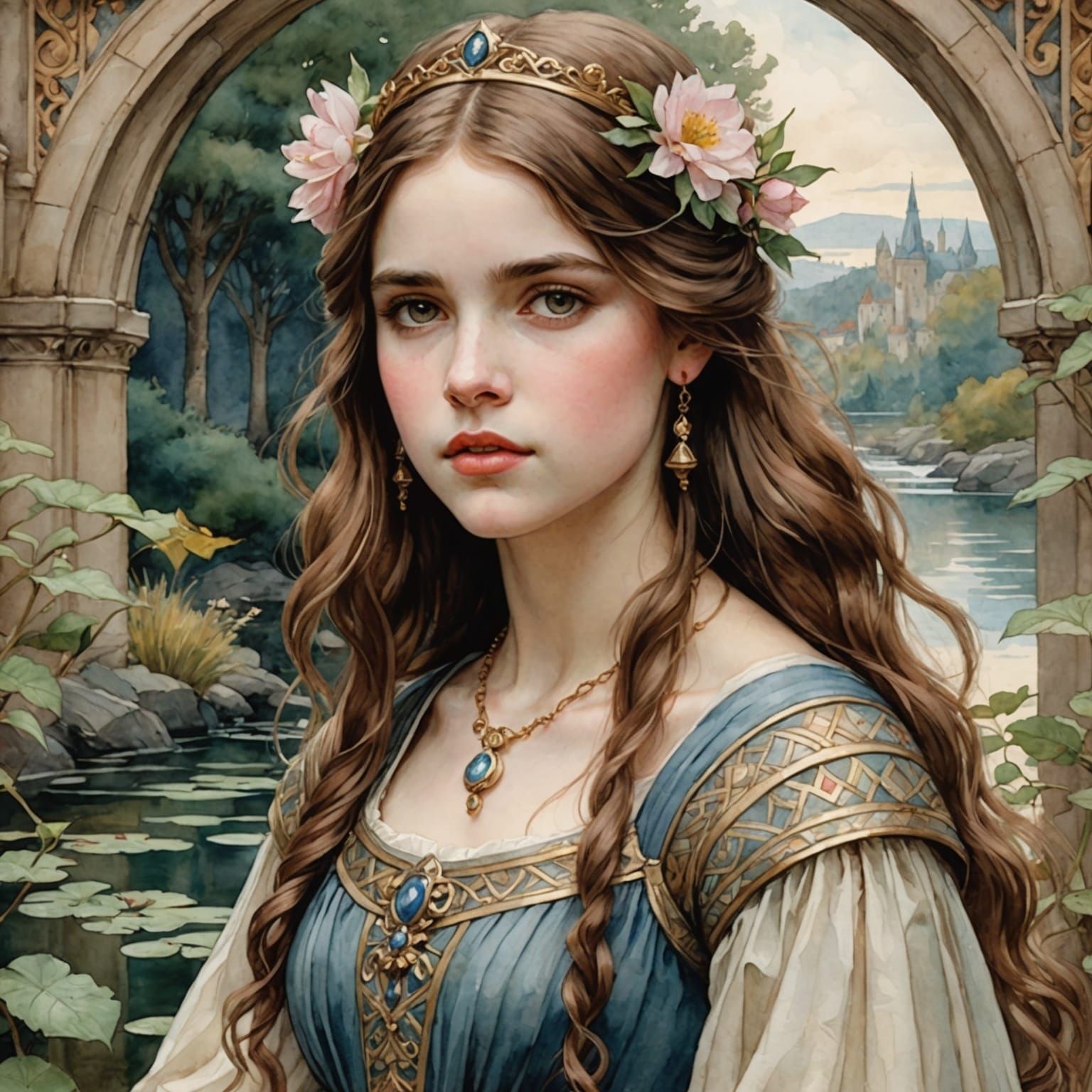 Watercolor Princess Illustration in Style of Waterhouse