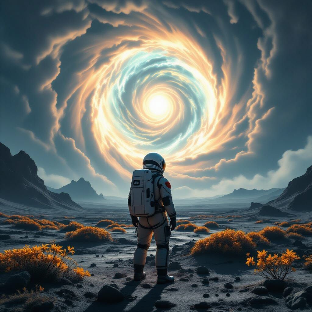 Explorer Gazes at Vortex on Alien Planet
