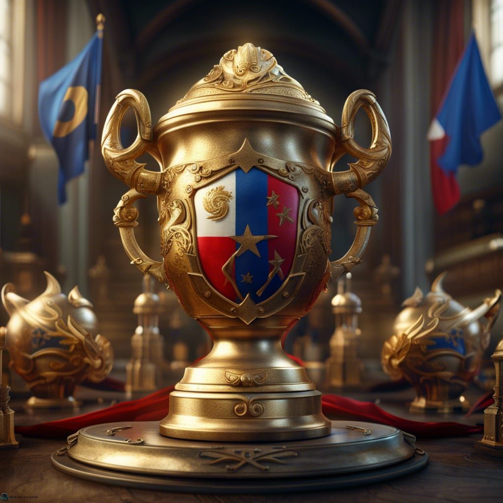 Impressive Gold Trophy with Flags and Engraving