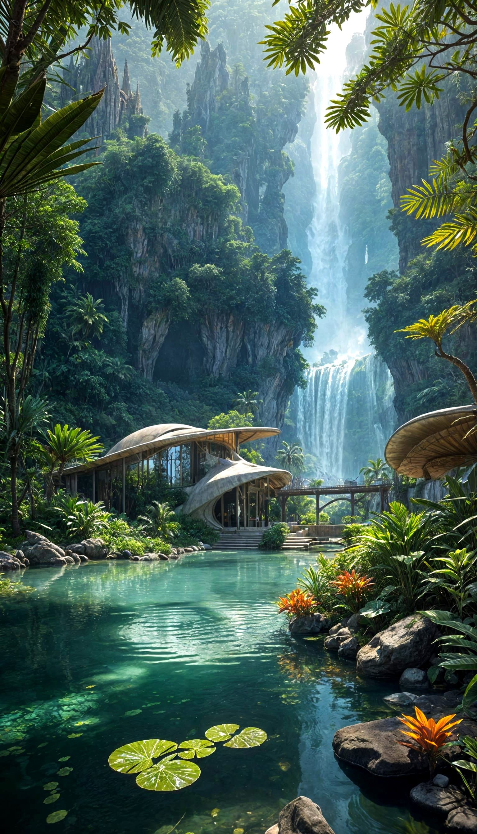 Solarpunk Jungle Oasis with Futuristic Architecture
