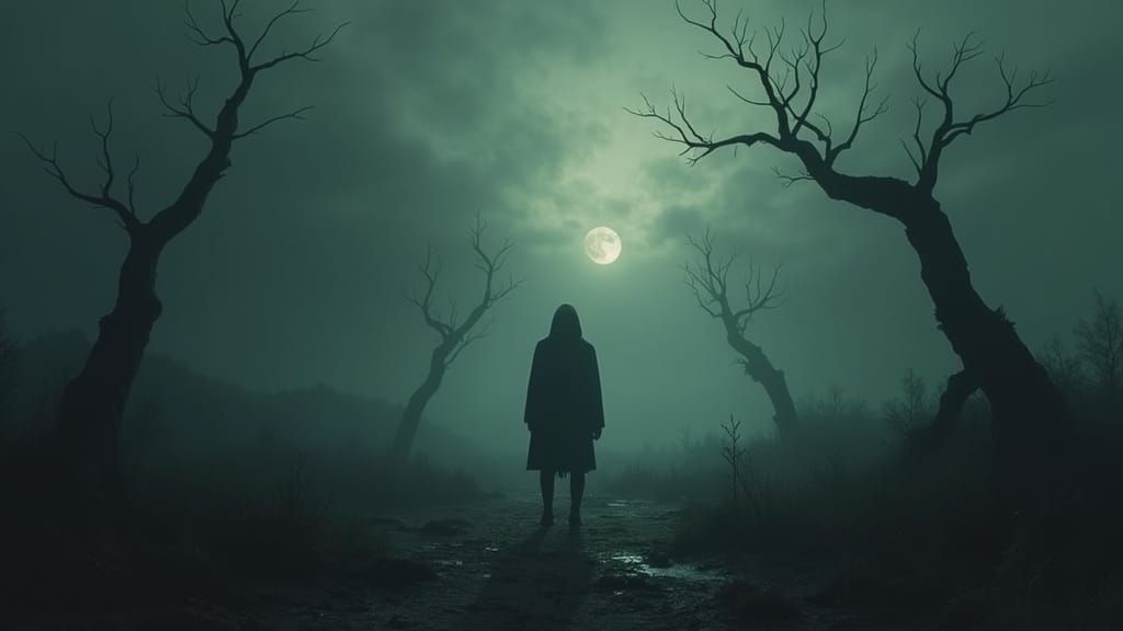 Ominous Figure in Dark Dystopian Landscape