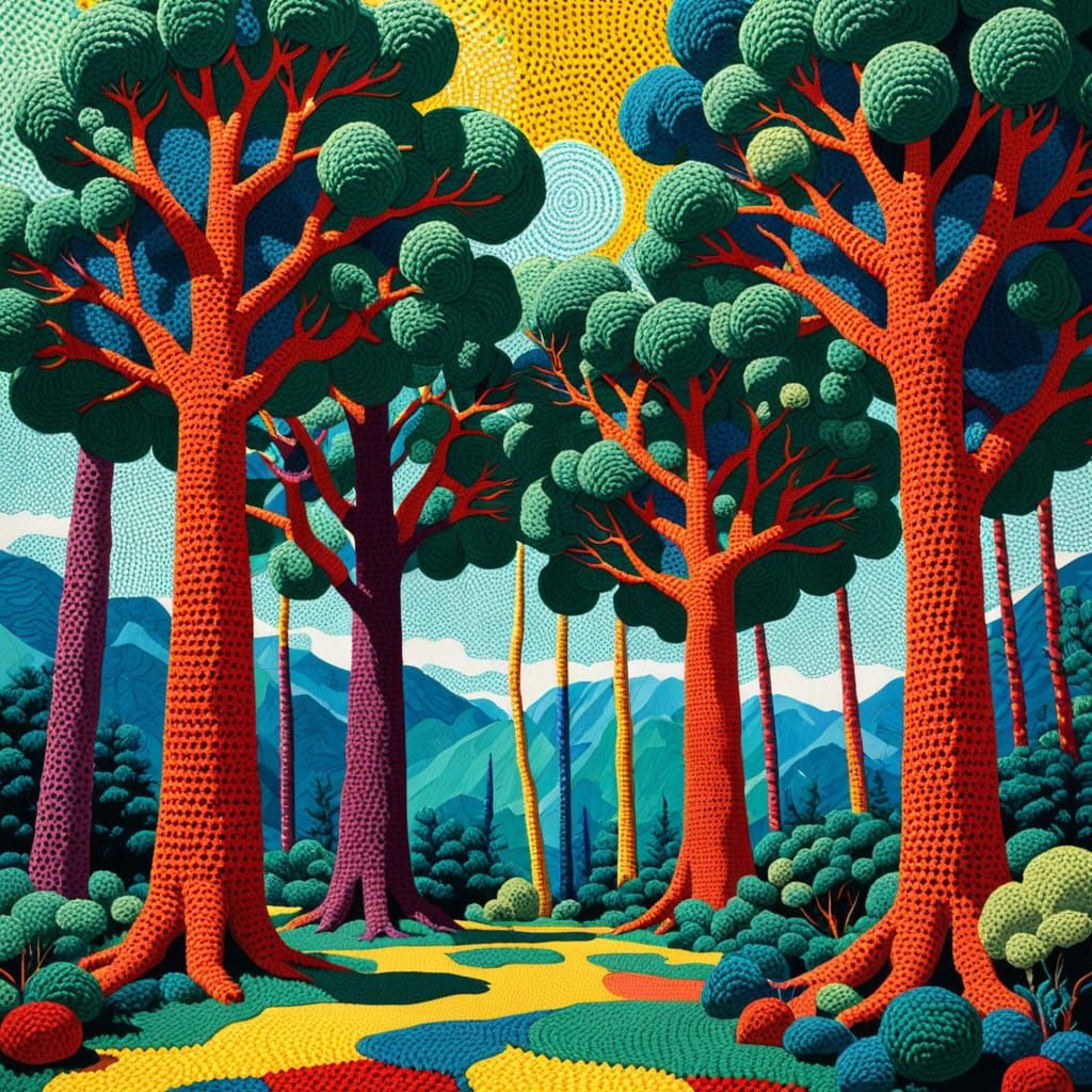 Bold Pop Art Crochet Trees with Hyper-Realistic Texture