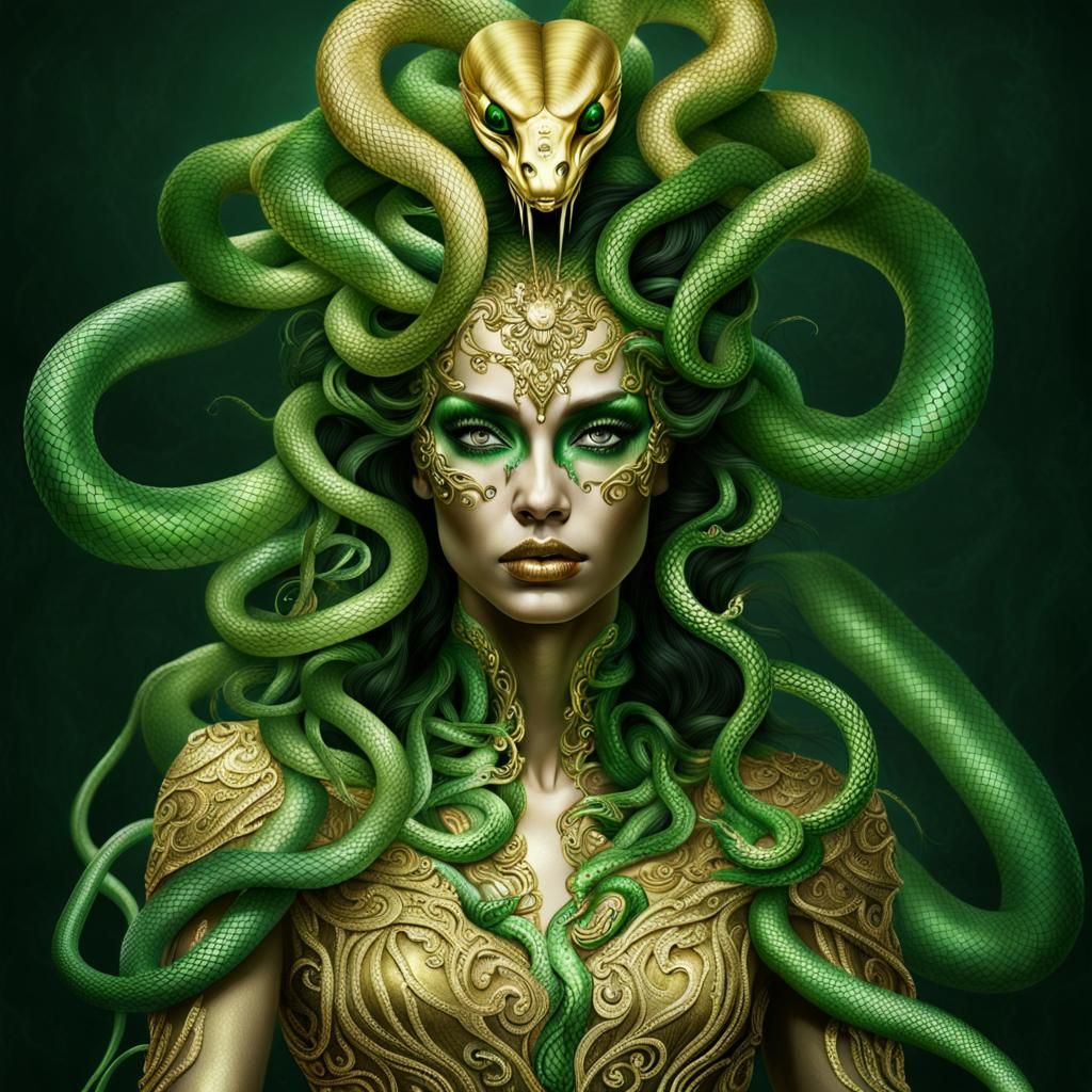 Hyperrealistic Medusa with Green Snake Hair