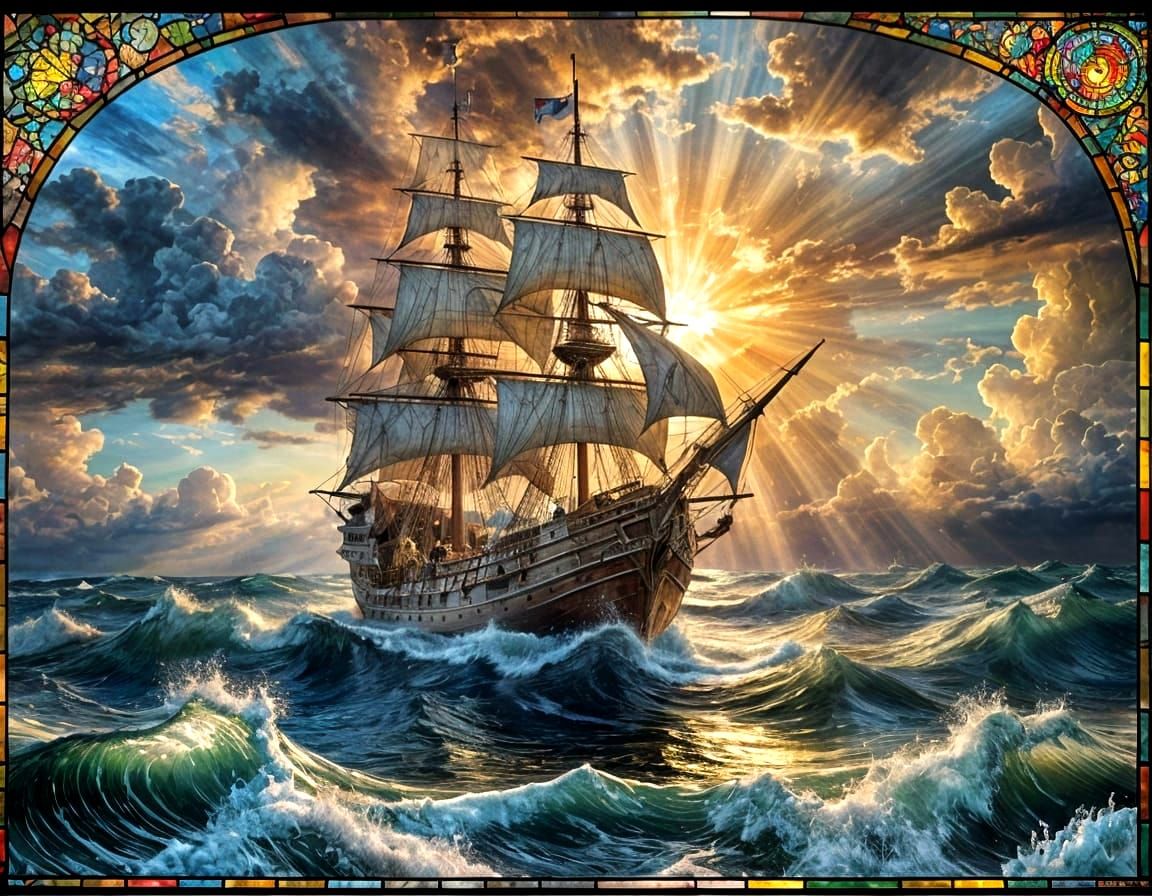 Galleon Sailing on Stormy Sea in Stained Glass