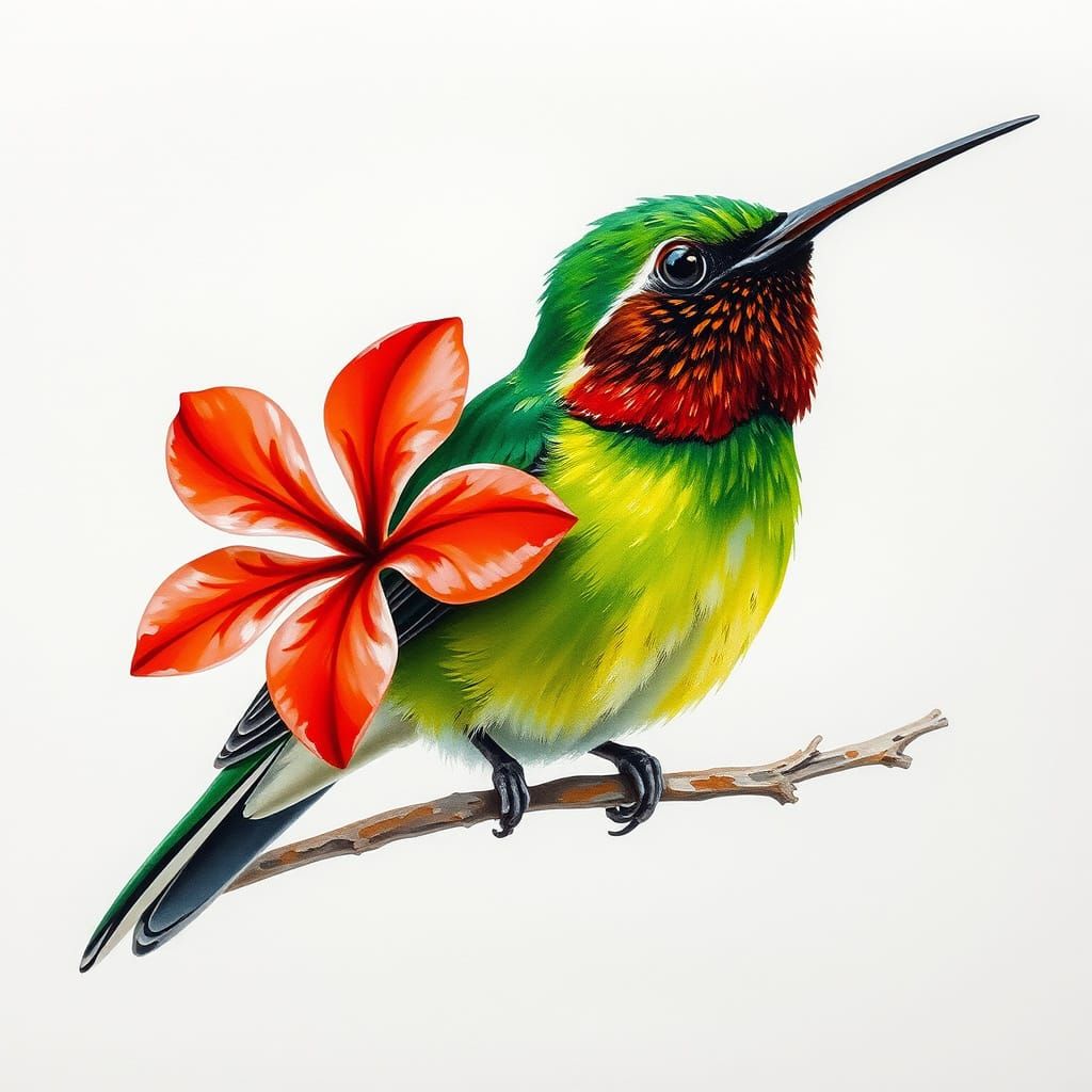 Hummingbird and Cayenne Flower in Gouache Style