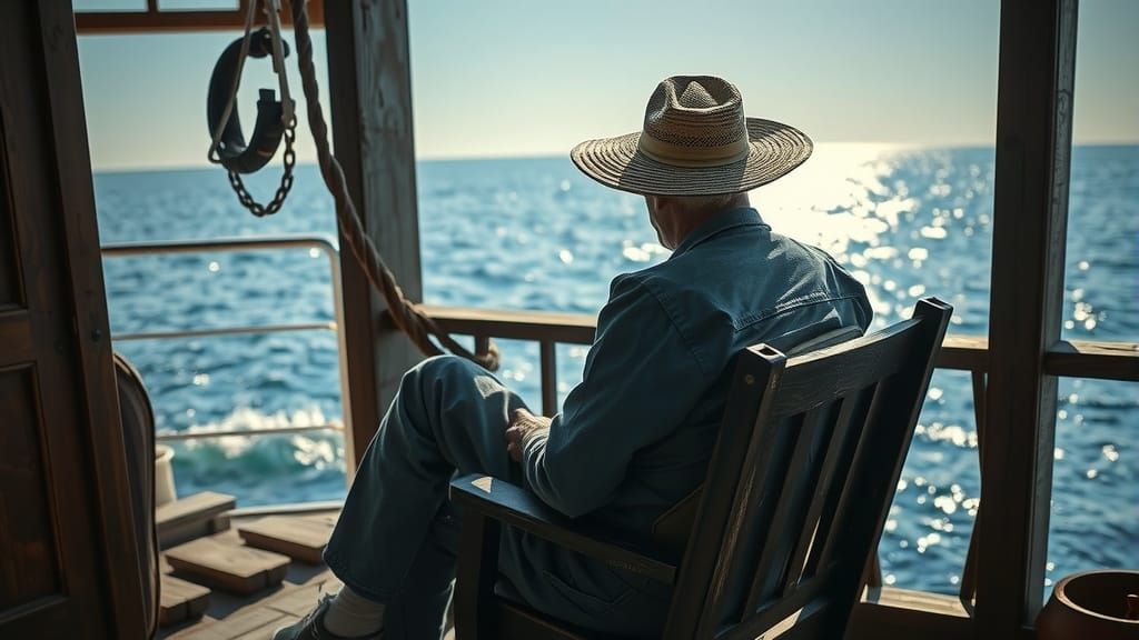 Fisherman Overlooking Serene Sea: Dreamy Art
