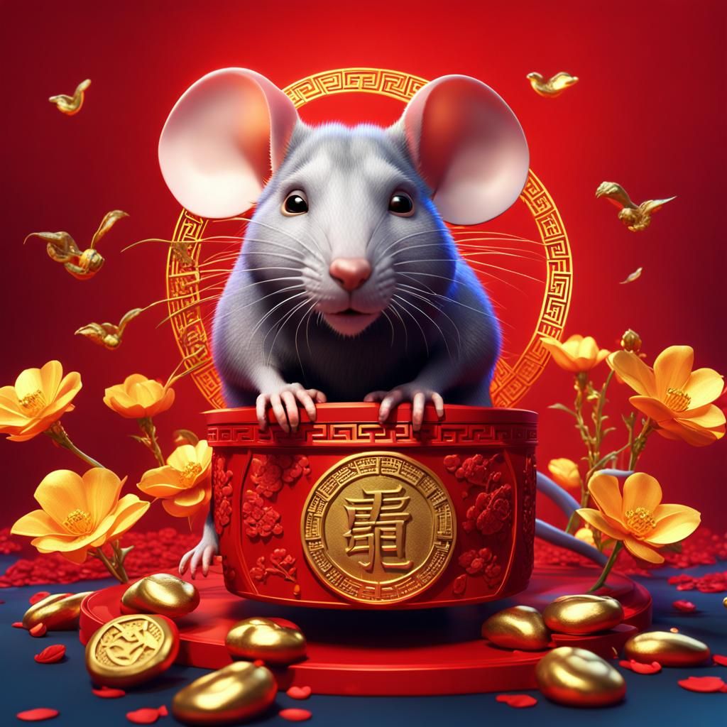 Rat with Flowers and Gold Ingots in 3D Style