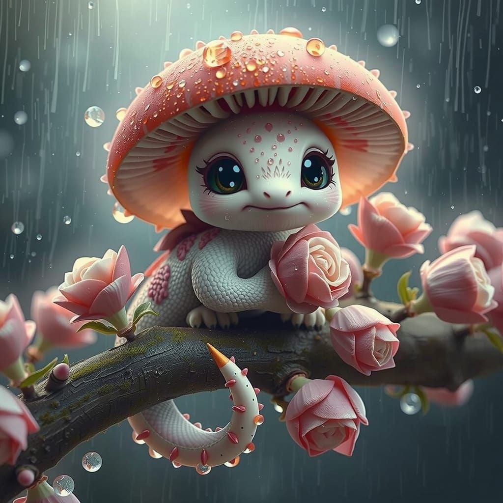 Mushroom Dragon on Flower Branch in Cartoonish Style