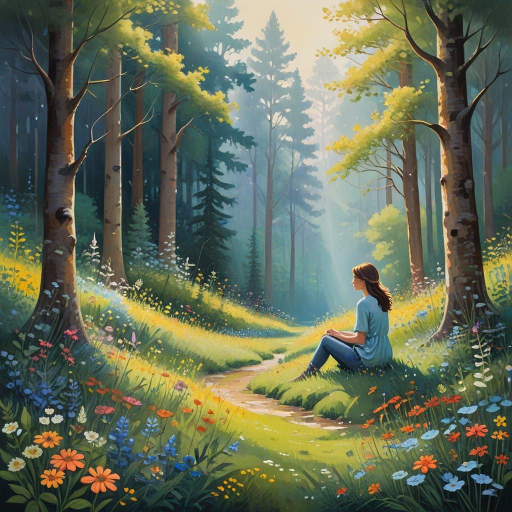 Peaceful Forest Glade Gouache Painting in Folk Art Style