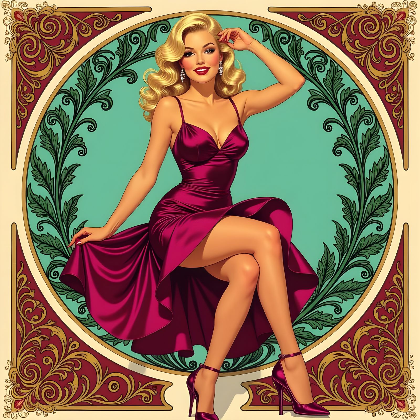 Blonde in Magenta Dress Pin-Up Style