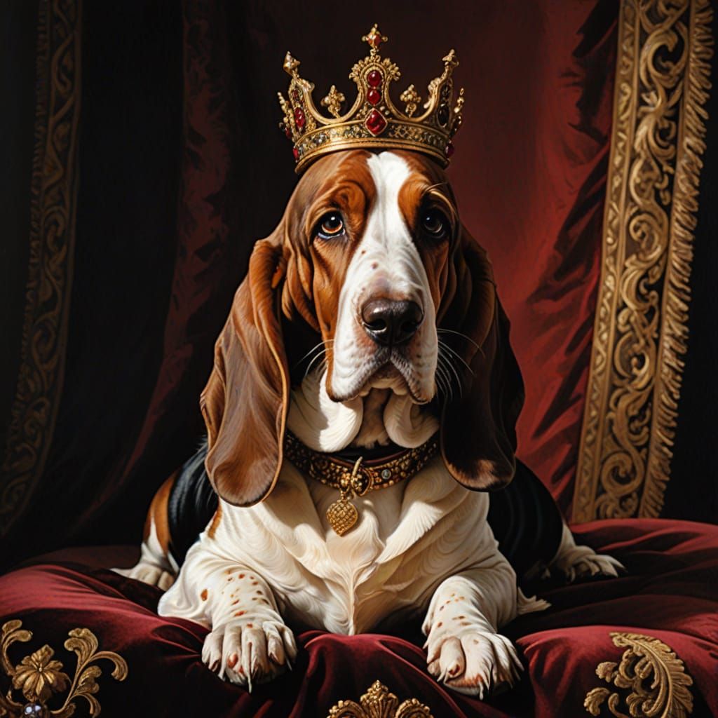 Regal Basset Hound in Royal Chamber: Classical Oil Painting