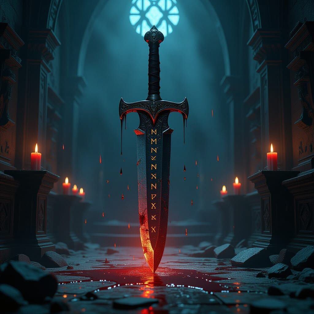 Shattered Blade at Altar in Dark Fantasy Style